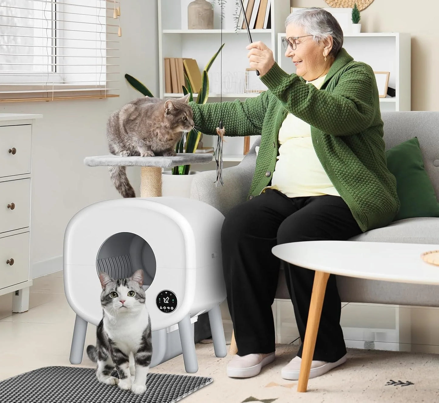Caja de arena automática extragrande para varios gatos, autolimpiable, sin olores, controlada por aplicación, con luz ambiental.