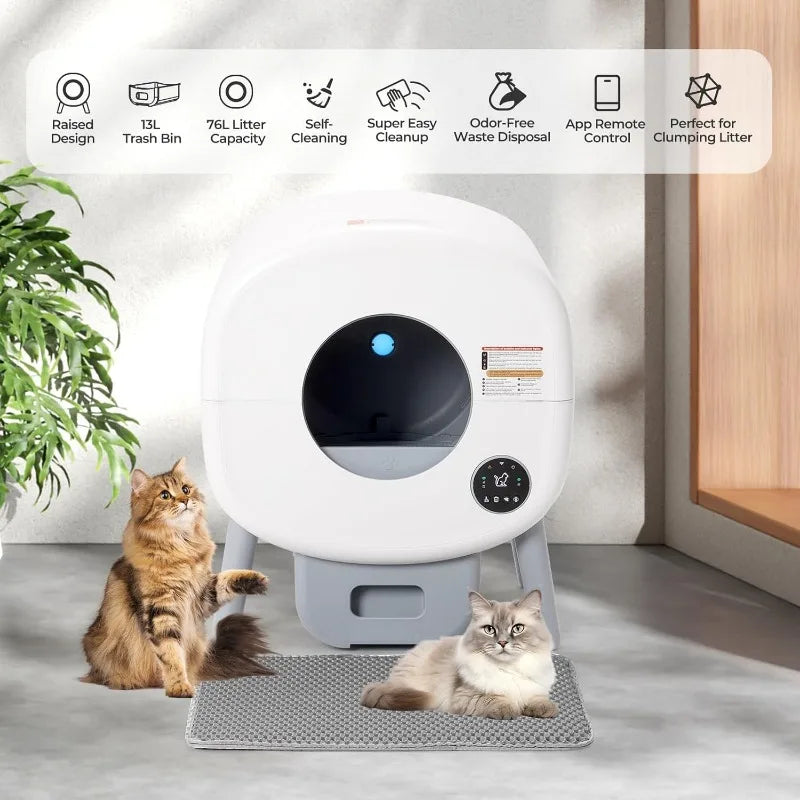 Caja de arena automática extragrande para varios gatos, autolimpiable, sin olores, controlada por aplicación, con luz ambiental.