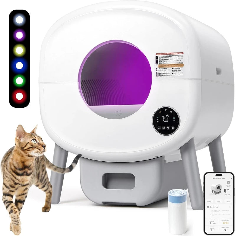 Caja de arena automática extragrande para varios gatos, autolimpiable, sin olores, controlada por aplicación, con luz ambiental.