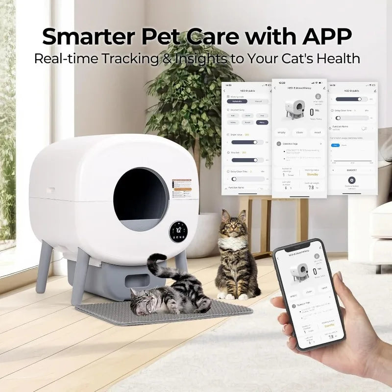 Caja de arena automática extragrande para varios gatos, autolimpiable, sin olores, controlada por aplicación, con luz ambiental.
